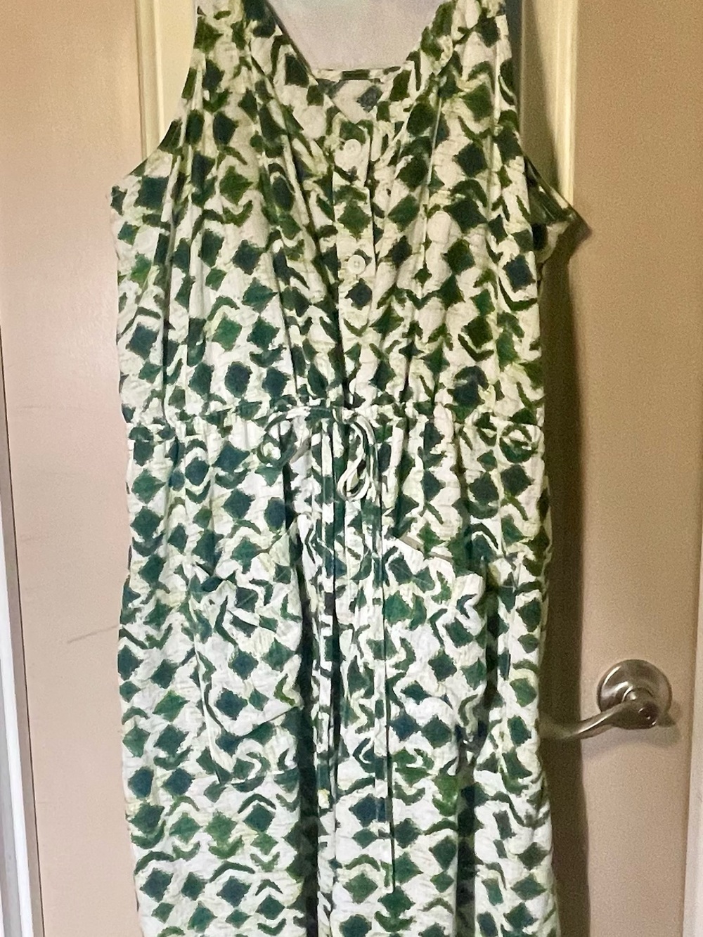 Linen/rayon Green Print Sleeveless Drawstring Dress
